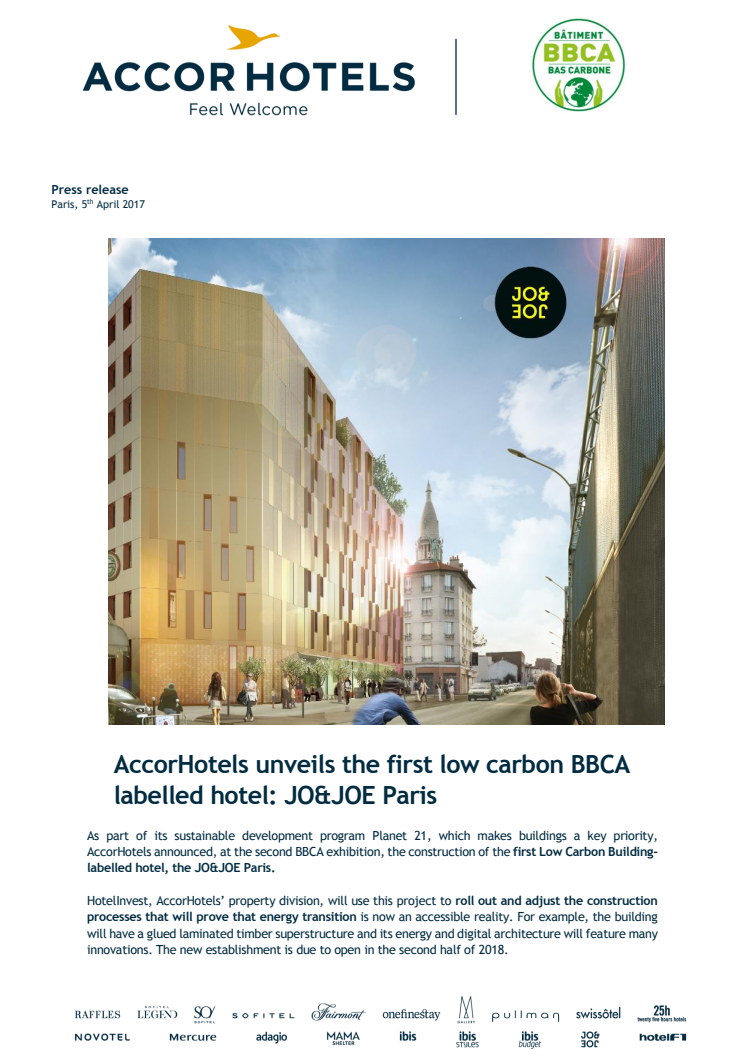 JO&JOE - AccorHotels unveils the first low carbon BBCA labelled hotel