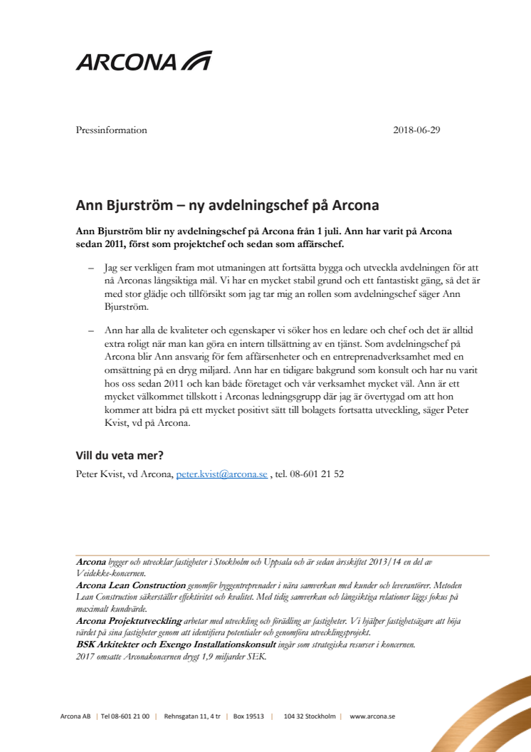 Ann Bjurström – ny avdelningschef på Arcona 