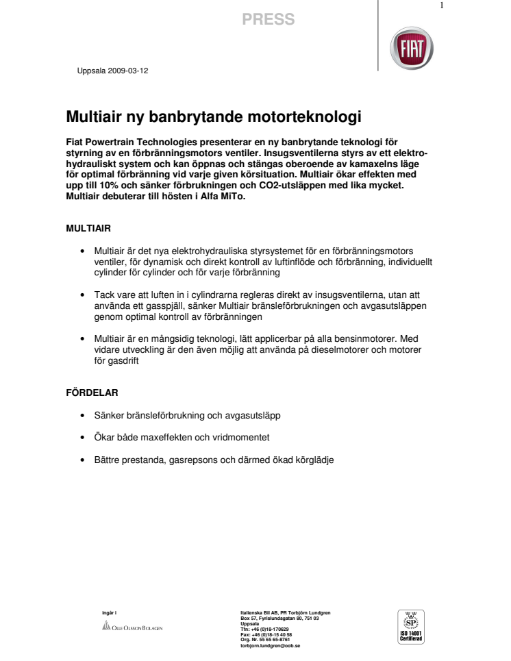 Multiair ny banbrytande motorteknologi från Fiat Powertrain Technologies