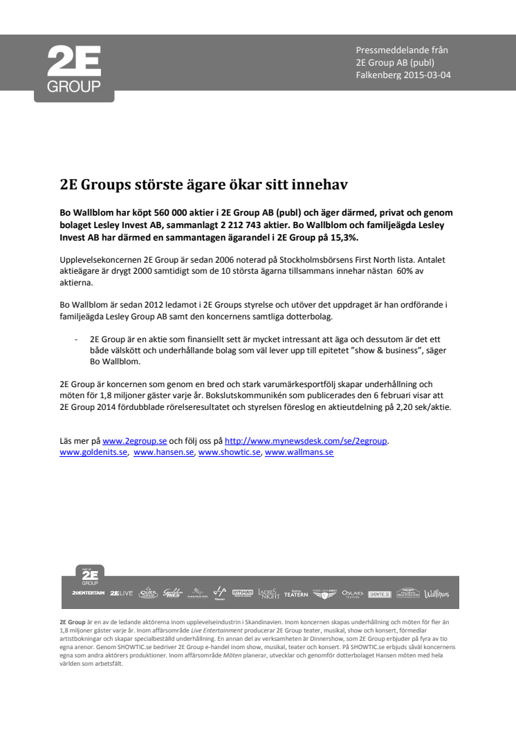 2E Groups störste ägare ökar sitt innehav 