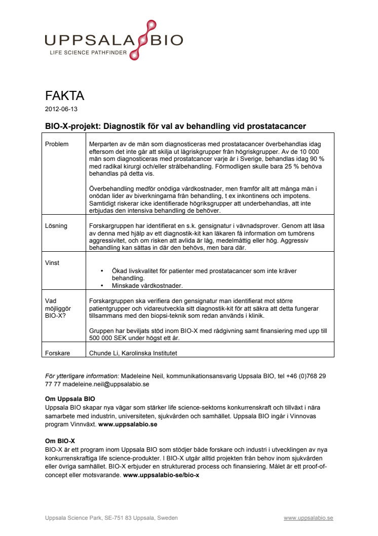 BIO-X-projekt: Diagnostik för val av behandling vid prostatacancer