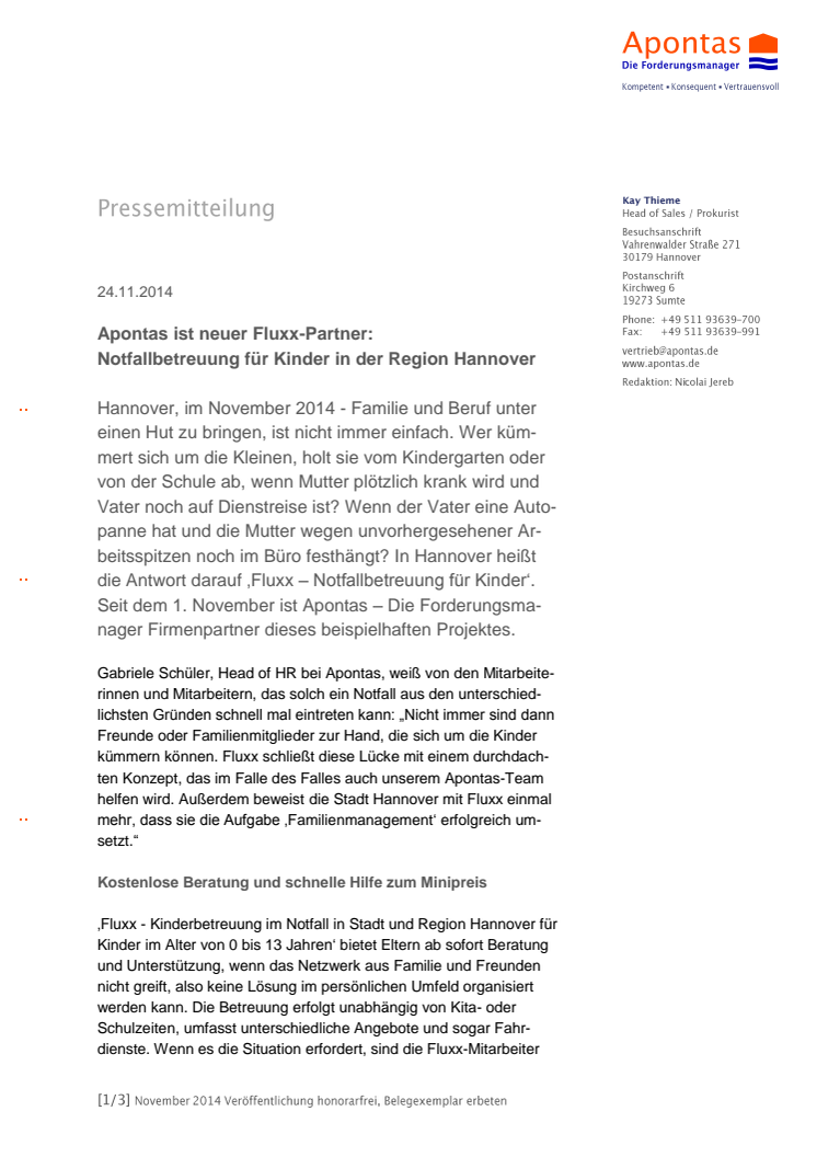 Apontas ist neuer Fluxx-Partner: Notfallbetreuung für Kinder in der Region Hannover