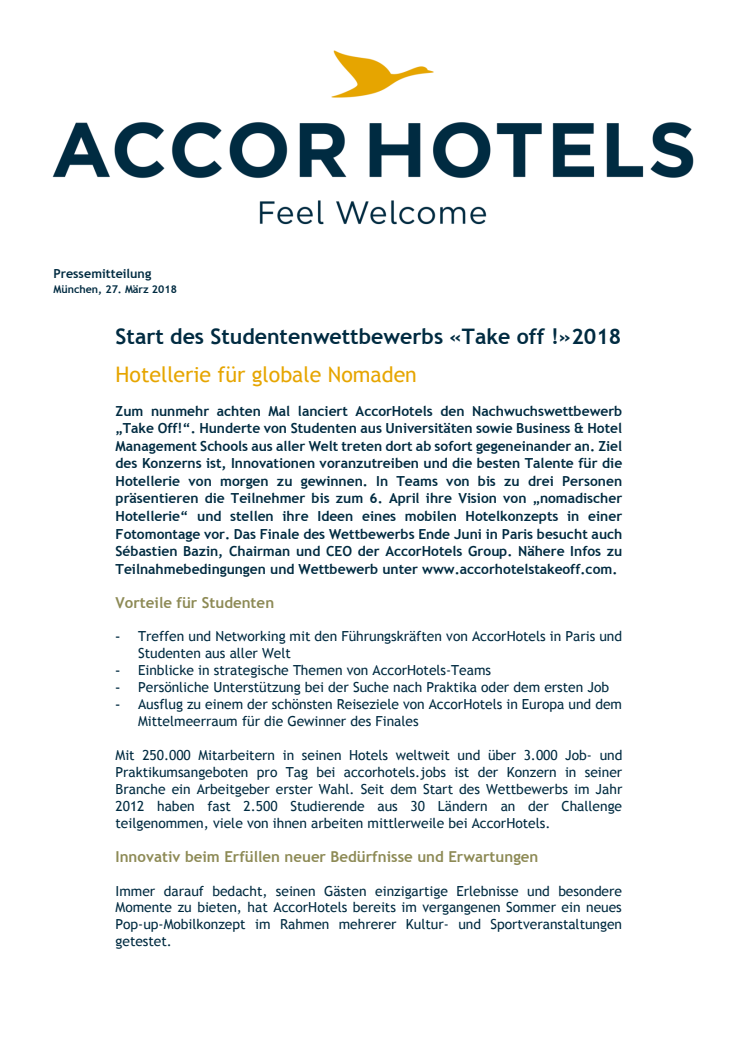 Start des Studentenwettbewerbs «Take off !» 2018: Hotellerie für globale Nomaden