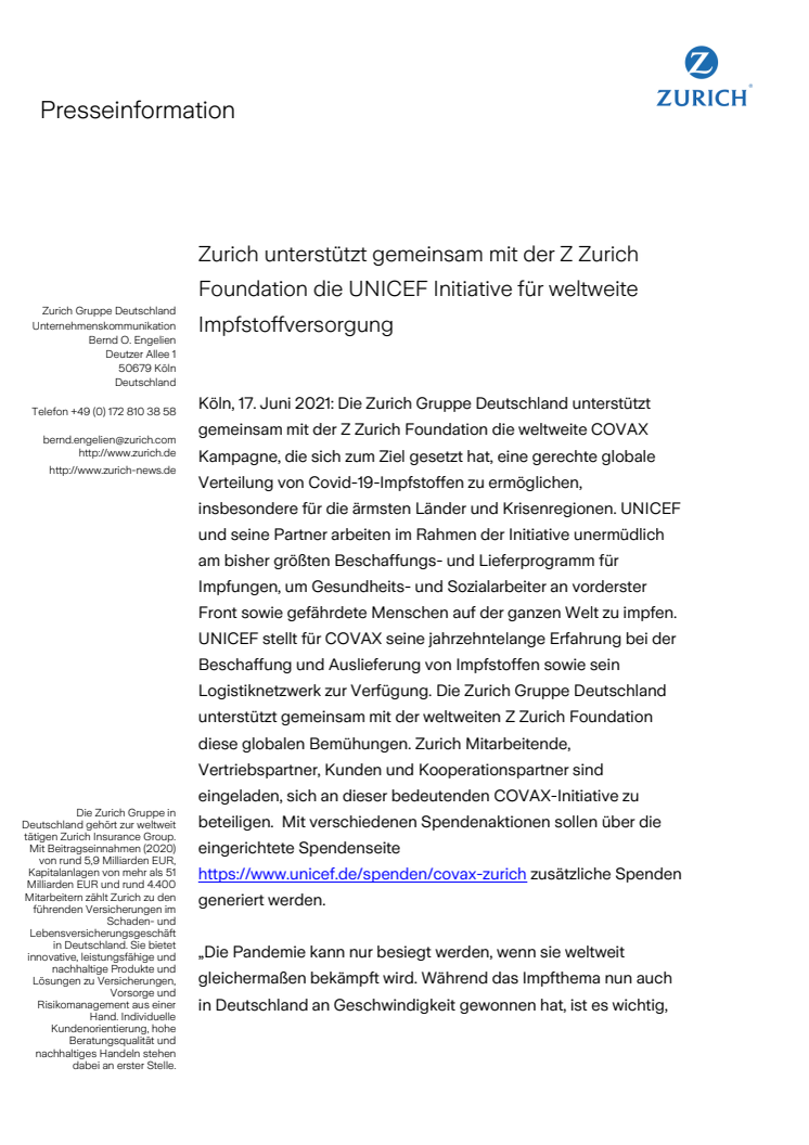 Zurich unterstützt gemeinsam mit der Z Zurich Foundation die UNICEF Initiative für weltweite Impfstoffversorgung 