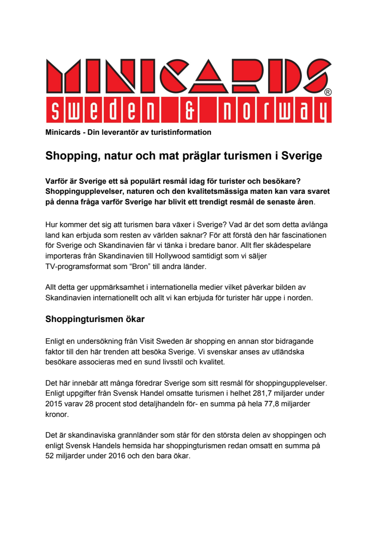 Shopping, natur och mat präglar turismen i Sverige