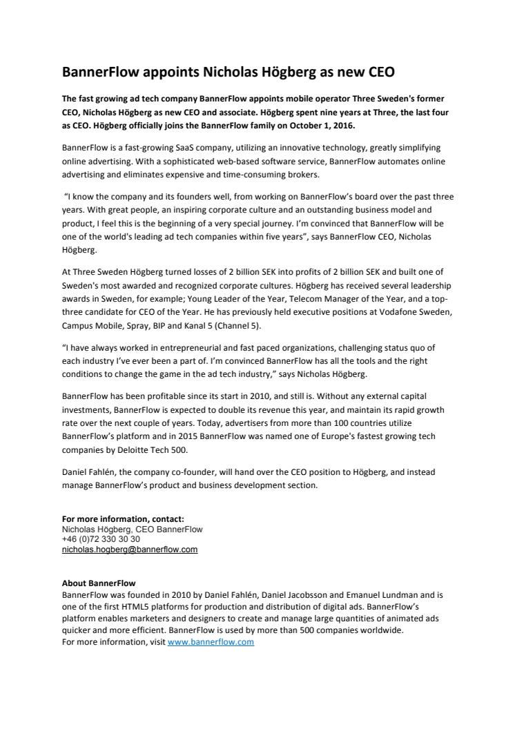 ​BannerFlow appoints Nicholas Högberg as new CEO
