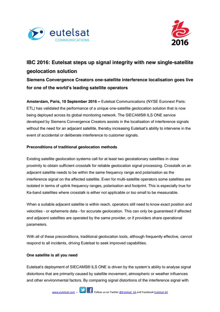 IBC 2016: Eutelsat steps up signal integrity with new single-satellite geolocation solution