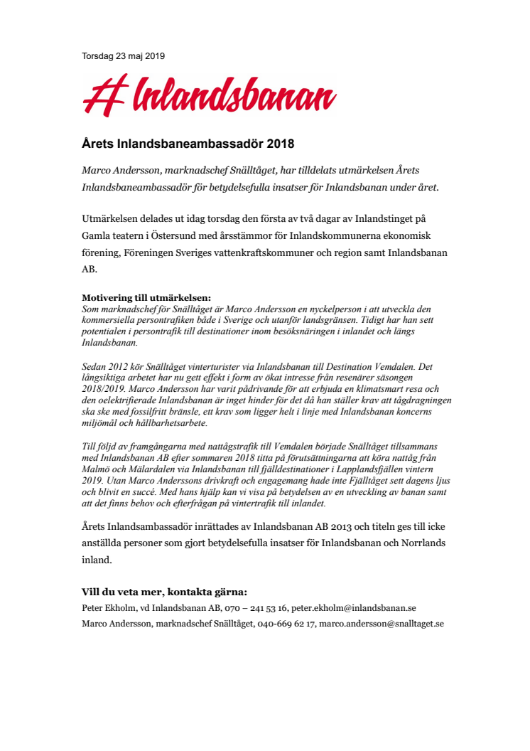 Årets Inlandsbaneambassadör 2018