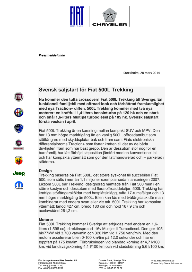 Svensk säljstart för Fiat 500L Trekking 