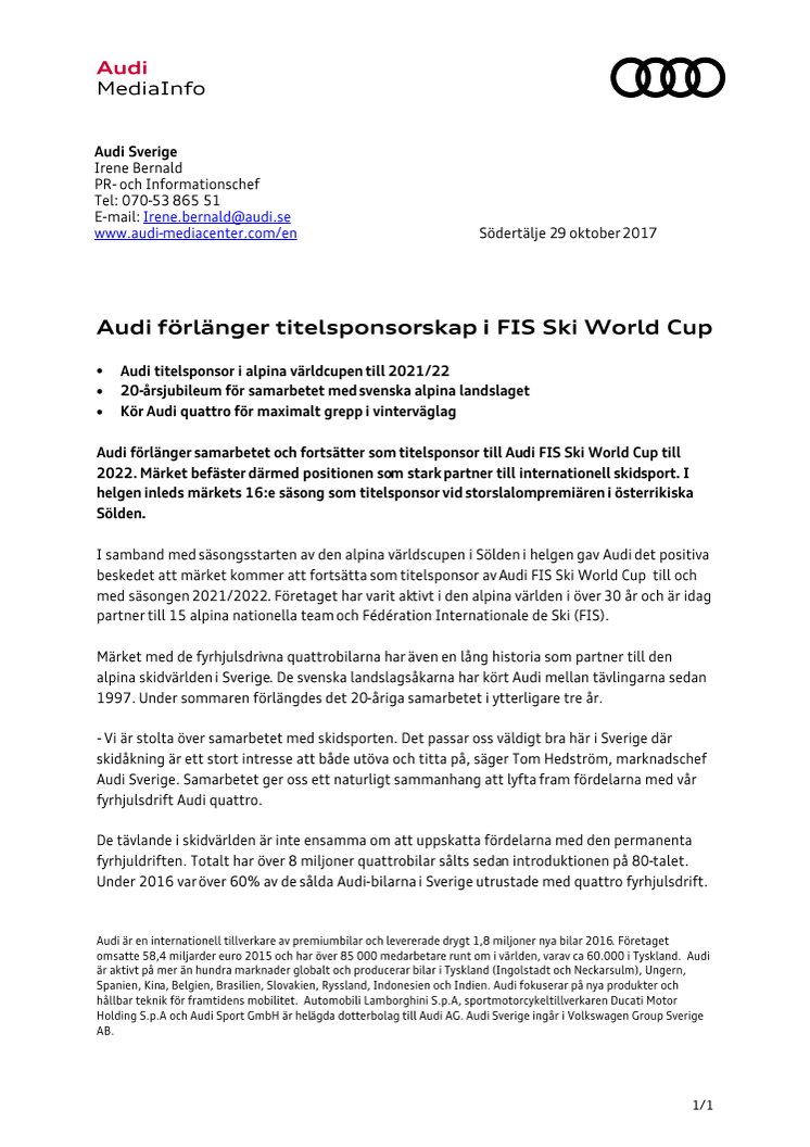 Audi förlänger titelsponsorskap i FIS Ski World Cup