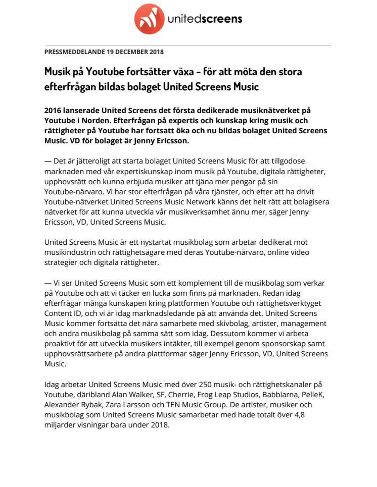 ​Musik på Youtube fortsätter växa - för att möta den stora efterfrågan bildas bolaget United Screens Music