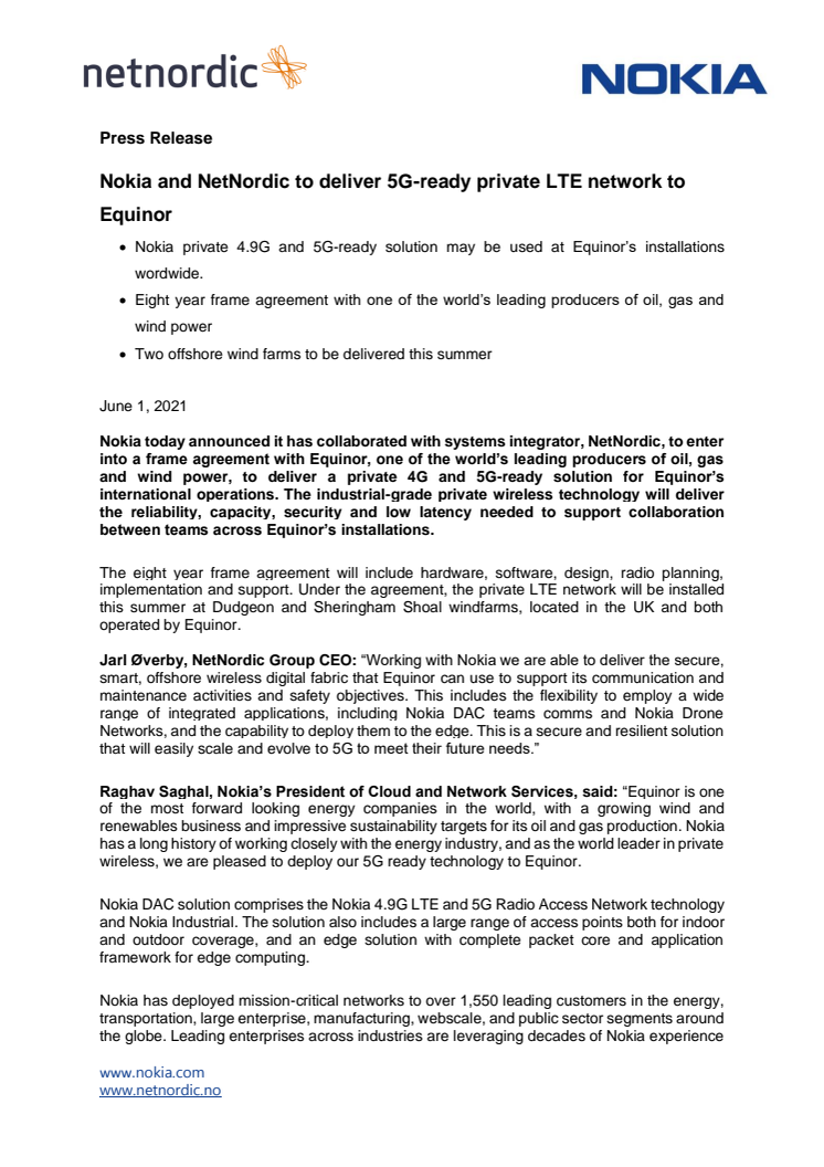 Nokia and NetNordic to deliver 5G-ready private LTE network to Equinor