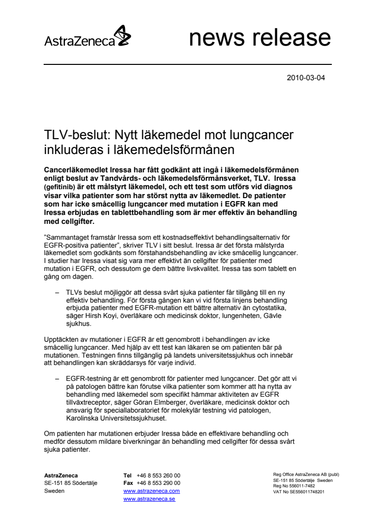 TLV-beslut: Nytt läkemedel mot lungcancer inkluderas i läkemedelsförmånen
