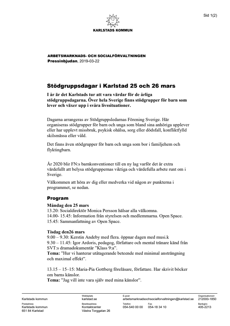 Stödgruppsdagar i Karlstad 25 och 26 mars