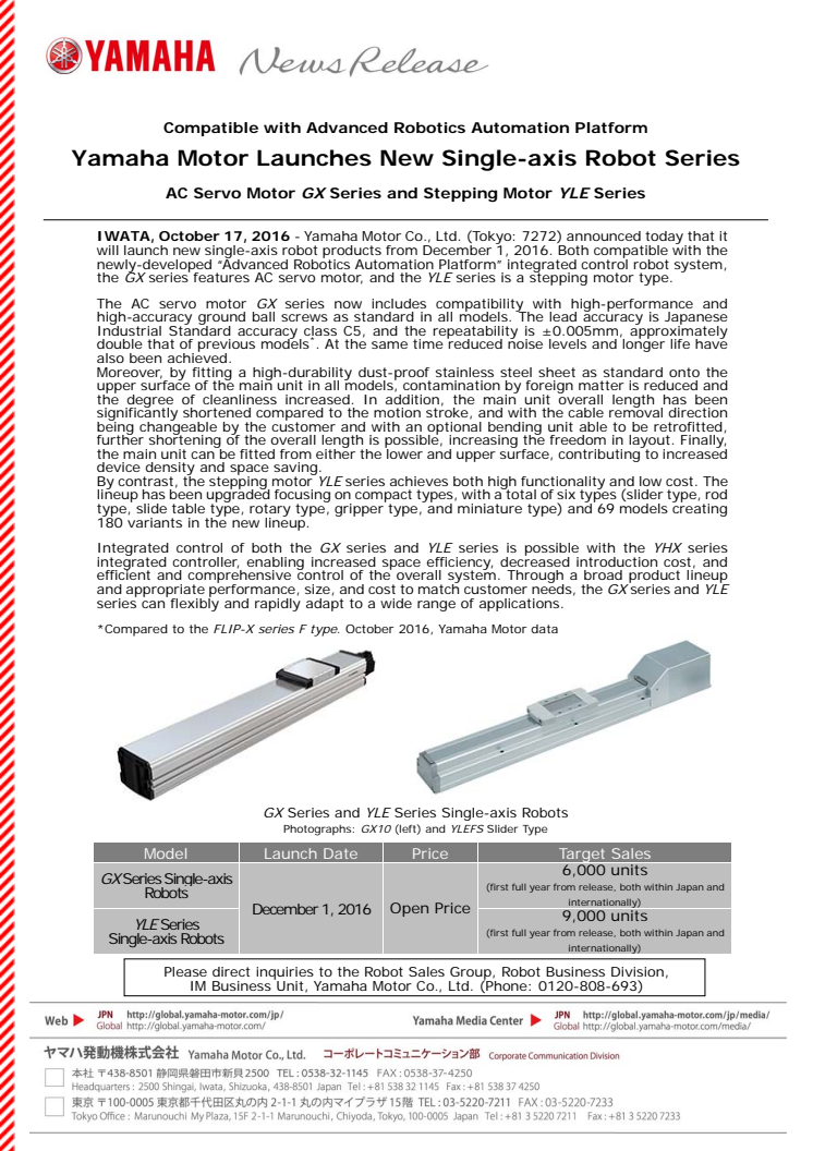 Compatible with Advanced Robotics Automation Platform Yamaha Motor Launches New Single-axis Robot Series AC Servo Motor GX Series and Stepping Motor YLE Series