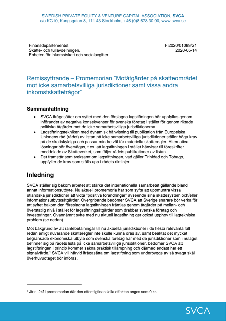 Promemorian Motåtgärder på skatteområdet mot icke samarbetsvilliga jurisdiktioner samt vissa andra inkomstskattefrågor