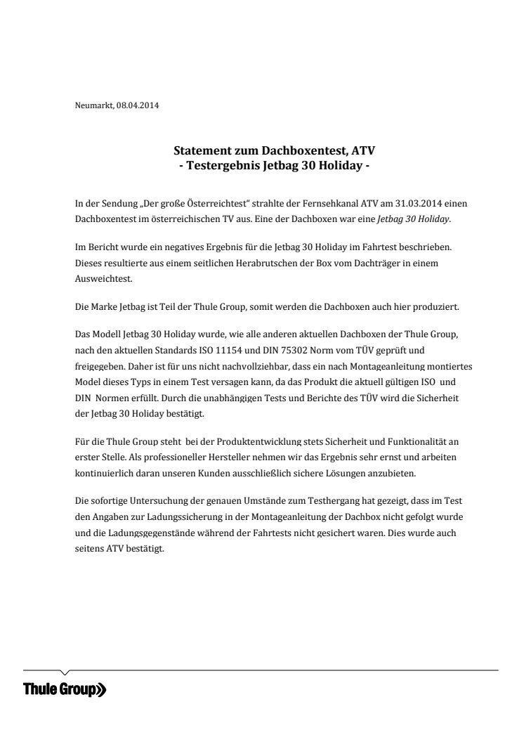 Statement zum Dachboxentest, ATV - Testergebnis Jetbag 30 Holiday -