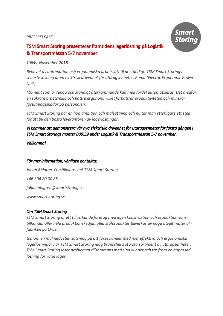 TSM Smart Storing presenterar framtidens lagerlösning på Logistik & Transportmässan 5-7 november.