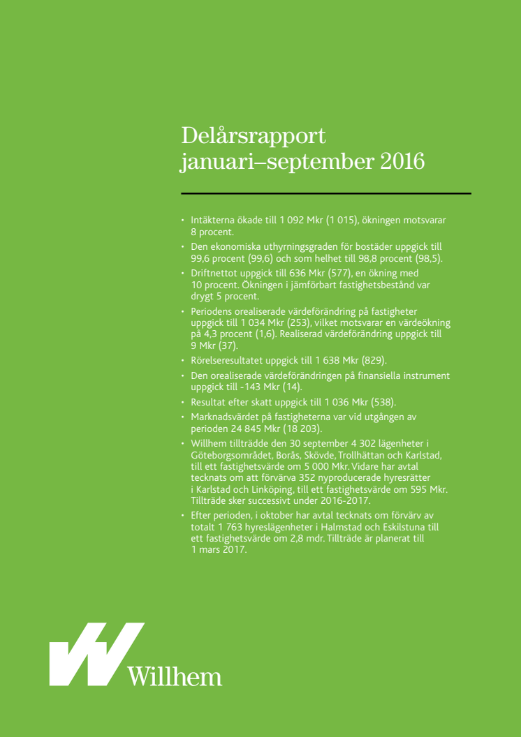 Willhem delårsrapport januari-september 2016