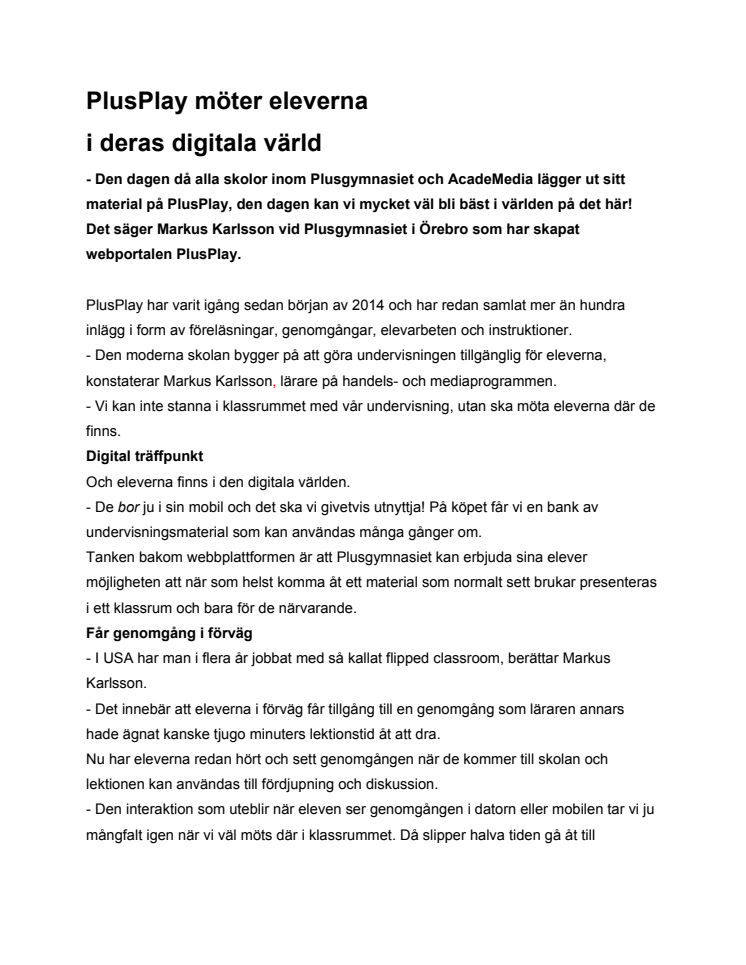 PlusPlay möter eleverna i deras digitala värld