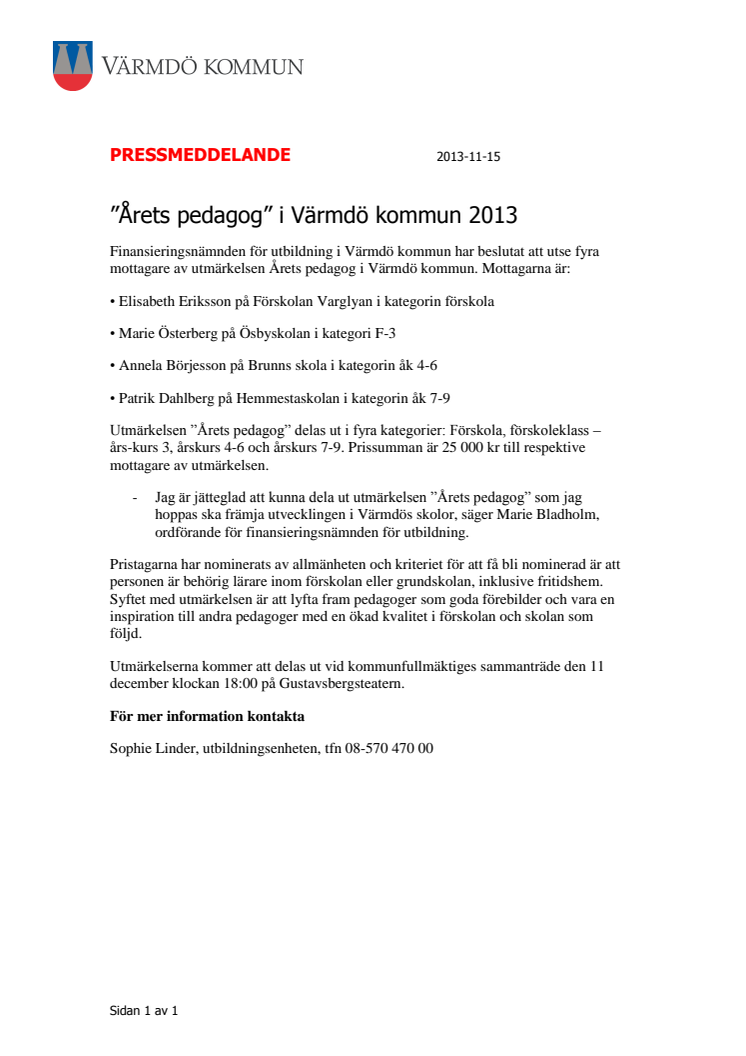 ”Årets pedagog” i Värmdö kommun 2013 