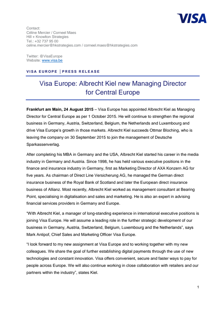 Visa Europe: Albrecht Kiel new Managing Director for Central Europe