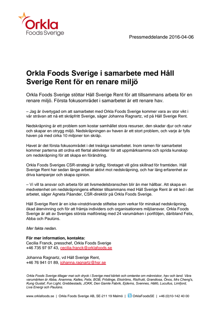 ​Orkla Foods Sverige i samarbete med Håll Sverige Rent för en renare miljö
