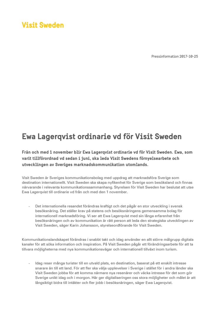 Ewa Lagerqvist ordinarie vd för Visit Sweden 