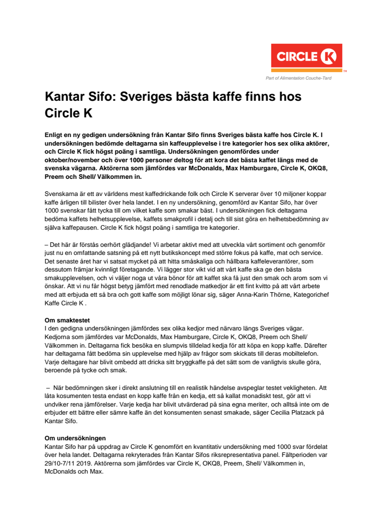 Kantar Sifo: Sveriges bästa kaffe finns hos Circle K