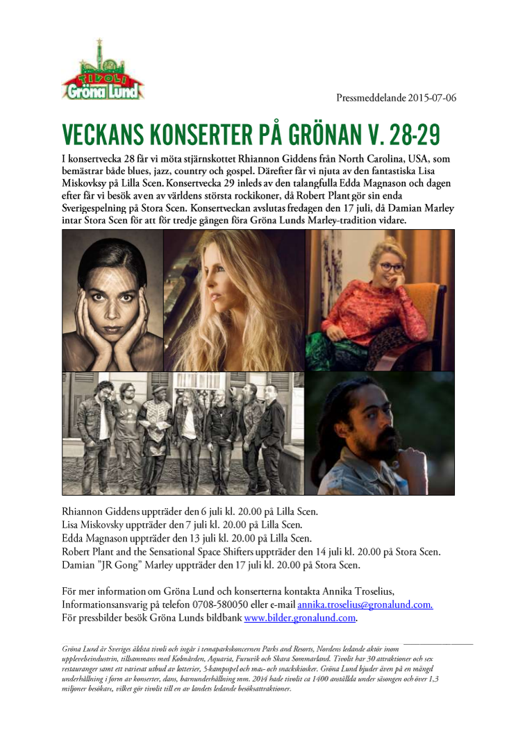 Veckans konserter på Grönan V. 28-29