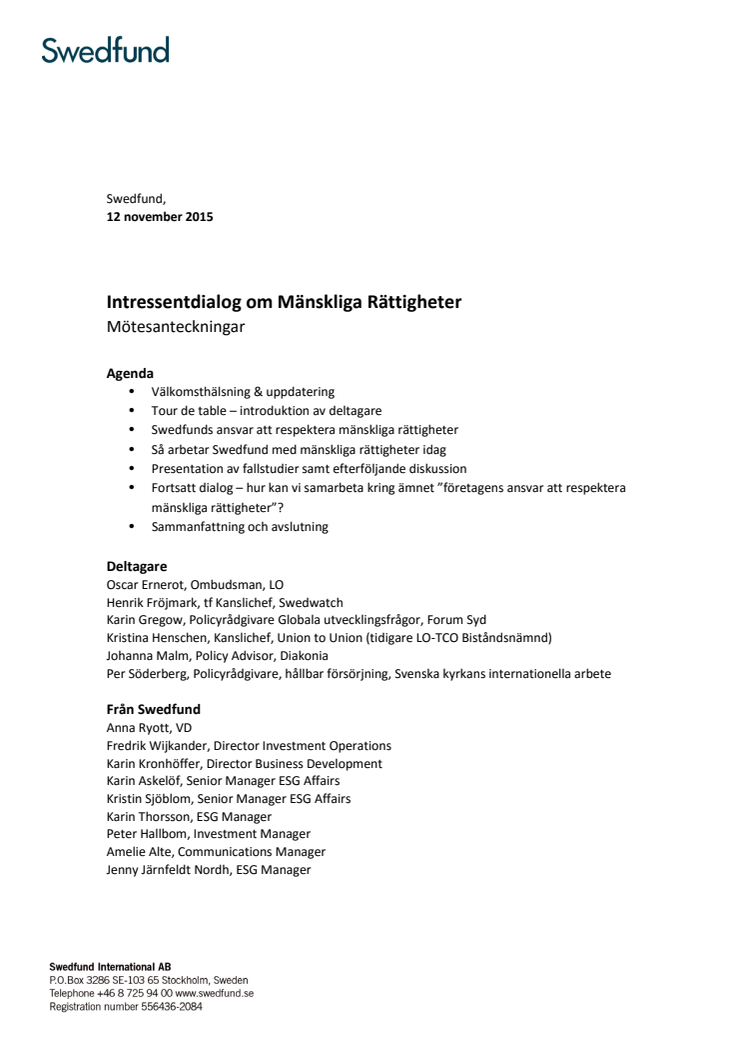 Minnesanteckningar intressentdialog Mänskliga Rättigheter