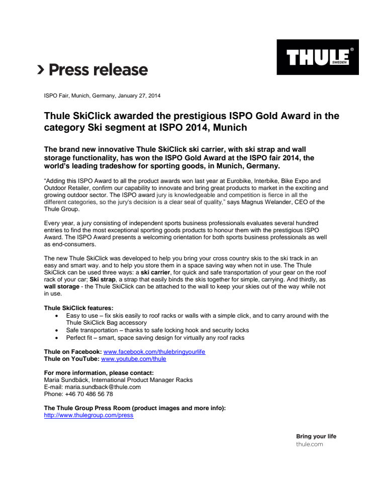 Thule SkiClick awarded the prestigious ISPO Gold Award in the category Ski segment at ISPO 2014, Munich