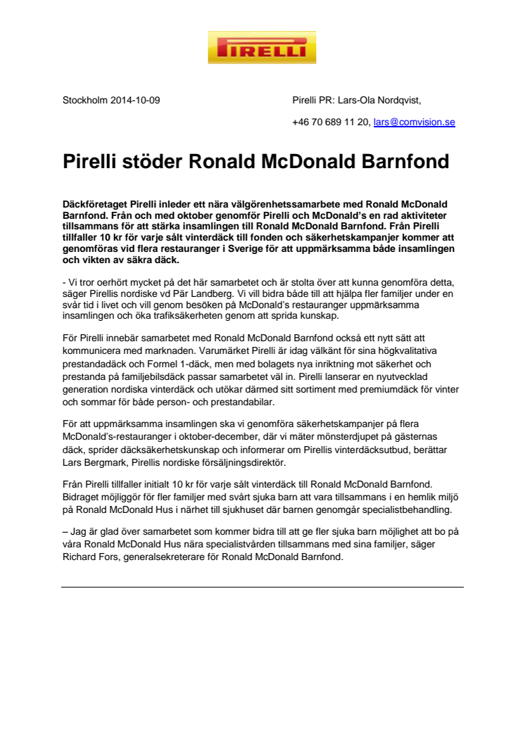 Pirelli stöder Ronald McDonald Barnfond