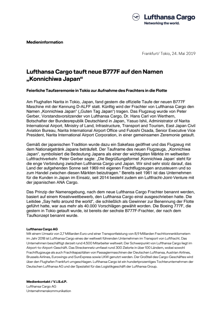 Lufthansa Cargo tauft neue B777F auf den Namen „Konnichiwa Japan“