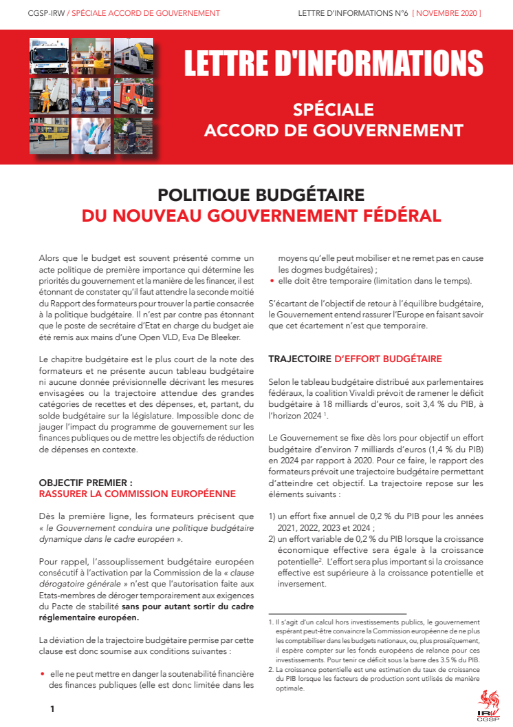Lettre d'informations 6 : POLITIQUE BUDGÉTAIRE DU NOUVEAU GOUVERNEMENT FÉDÉRAL