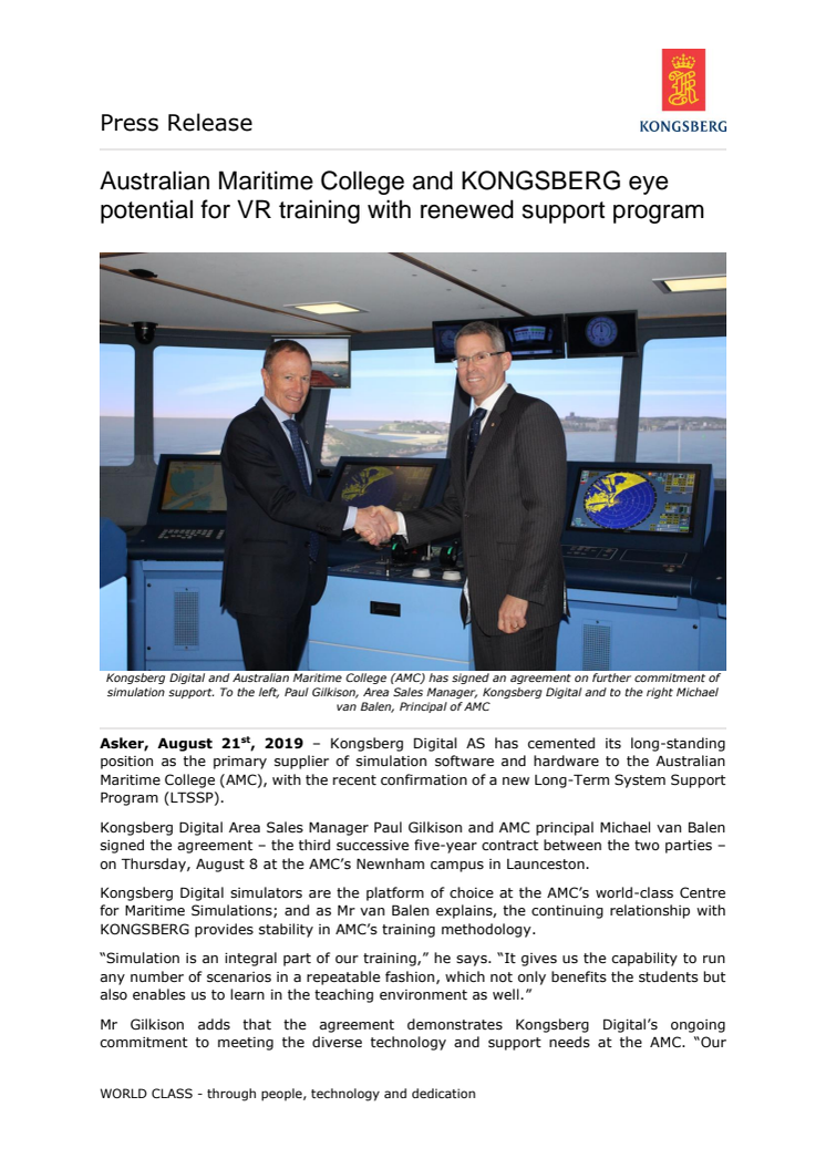 Australian Maritime College and KONGSBERG eye potential for VR training with renewed support program 