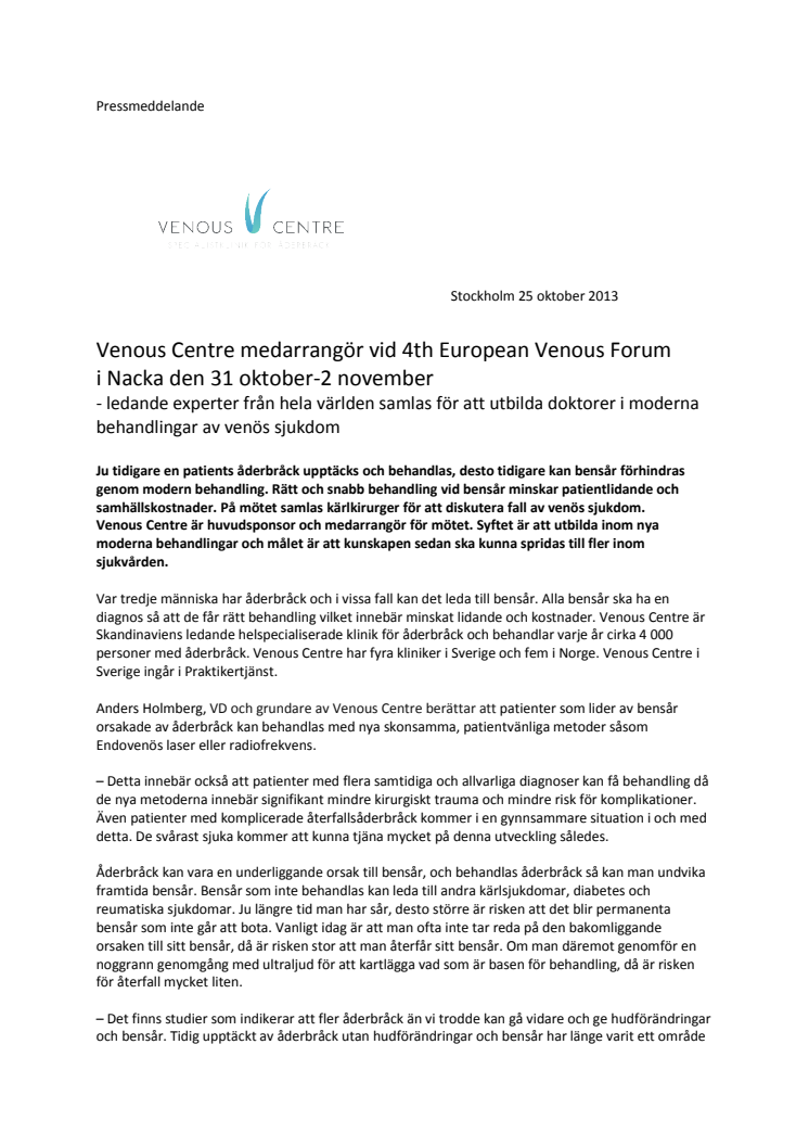 Venous Centre medarrangör vid 4th European Venous Forum i Nacka den 31 oktober-2 november  