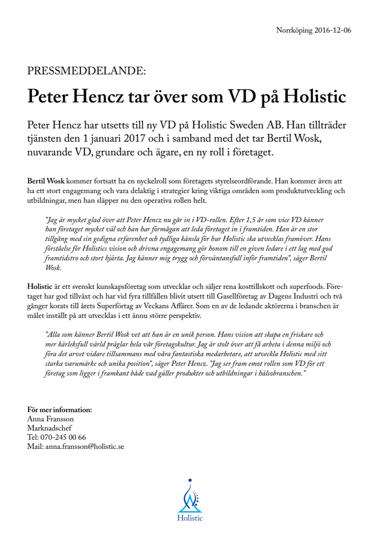Peter Hencz tar över som VD på Holistic