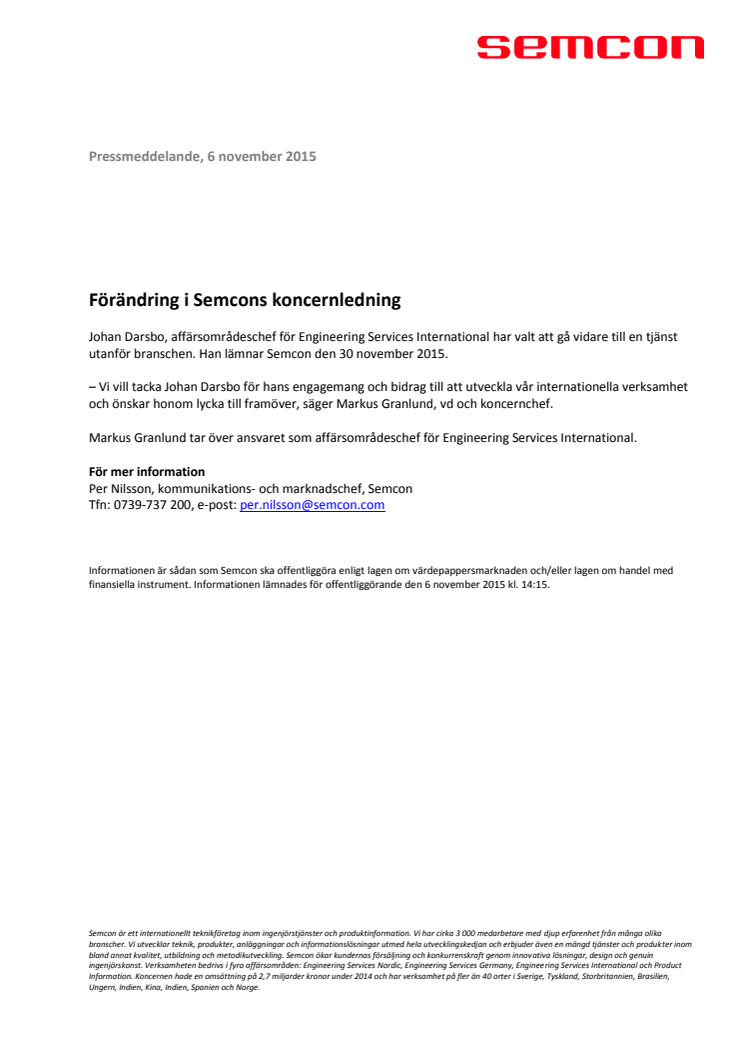 Förändring i Semcons koncernledning