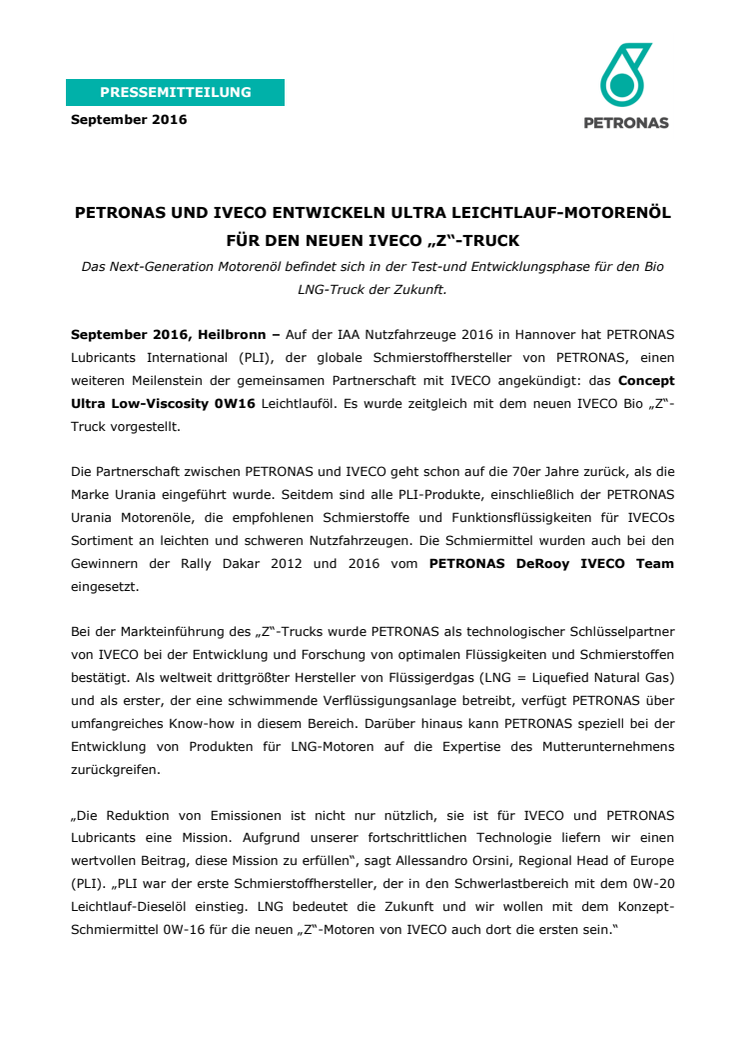 PETRONAS UND IVECO ENTWICKELN ULTRA LEICHTLAUF-MOTORENÖL FÜR DEN NEUEN IVECO „Z“-TRUCK