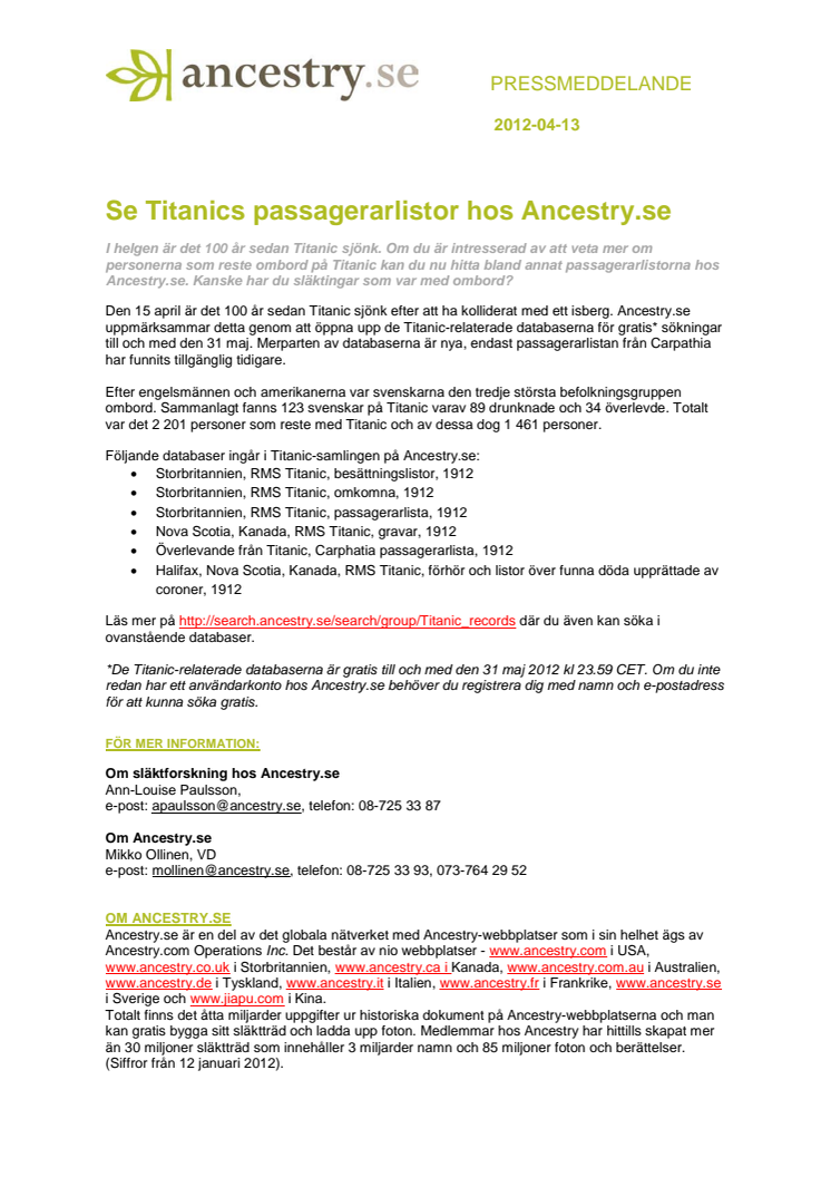 Se Titanics passagerarlistor hos Ancestry.se