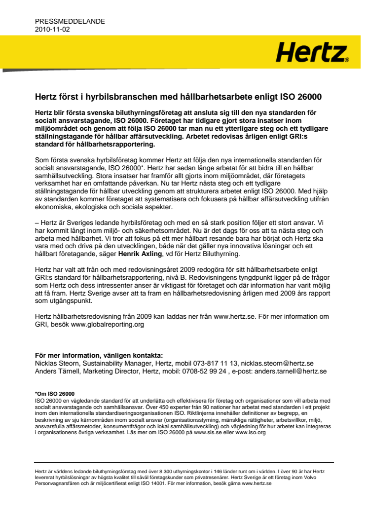 Hertz först i hyrbilsbranschen med hållbarhetsarbete enligt ISO 26000