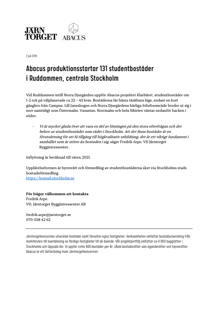 Abacus produktionsstartar 131 studentbostäder  i Ruddammen, centrala Stockholm