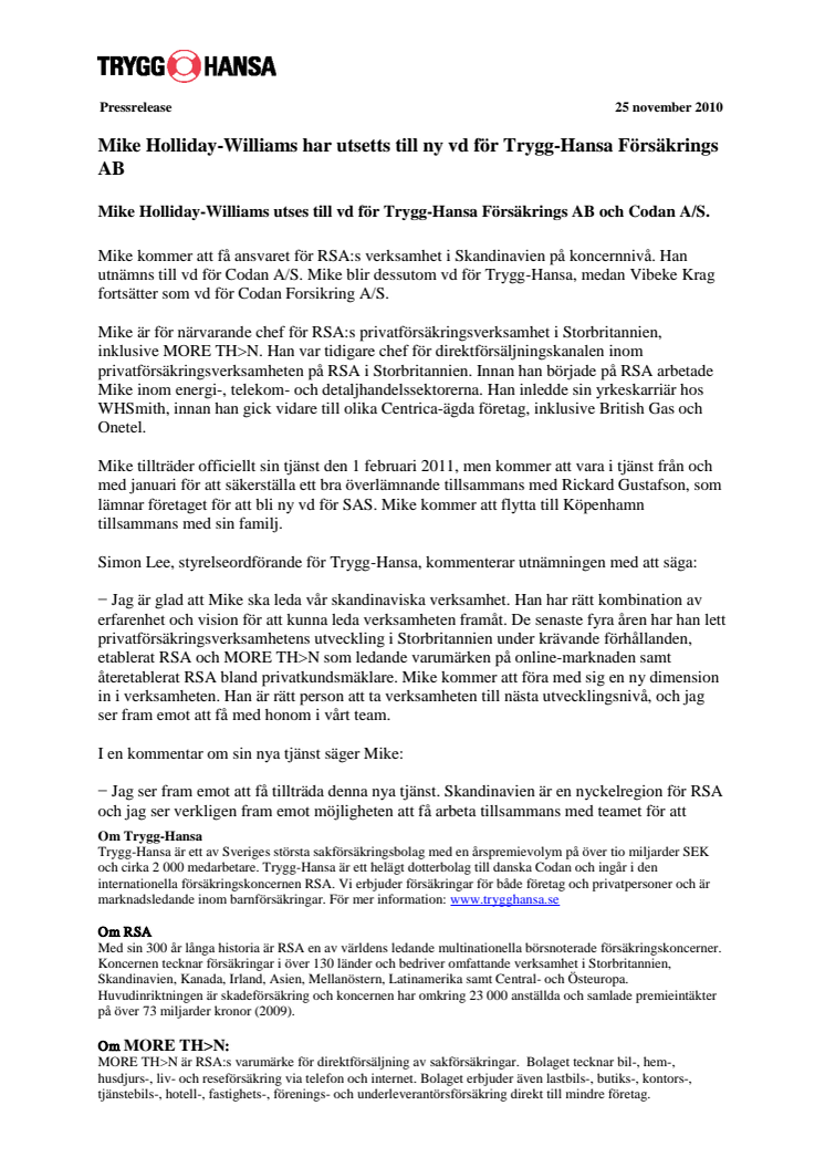 Mike Holliday-Williams har utsetts till ny vd för Trygg-Hansa Försäkrings AB