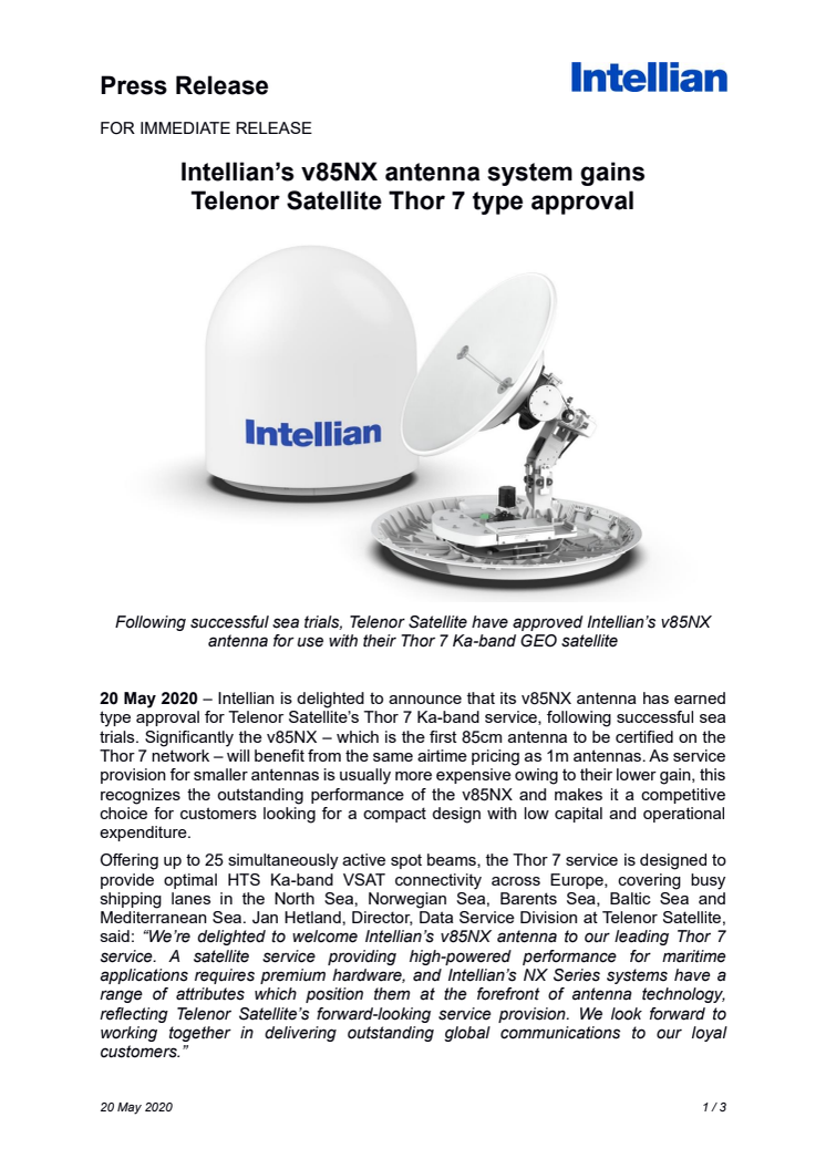 Intellian’s v85NX antenna system gains Telenor Satellite Thor 7 type approval