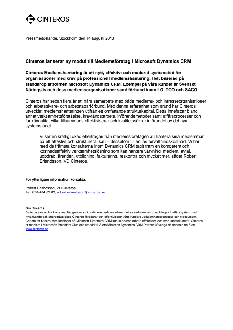 Cinteros lanserar ny modul till Medlemsföretag i Microsoft Dynamics CRM 