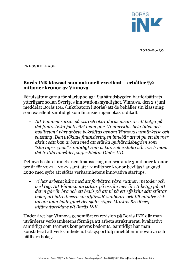 Borås INK klassad som nationell excellent – erhåller 7,2 miljoner kronor av Vinnova