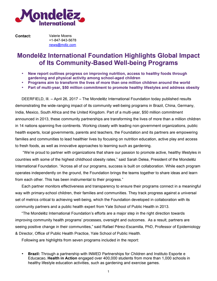 Mondelēz International Foundation Highlights Global Impact of Its Community-Based Well-being Programs