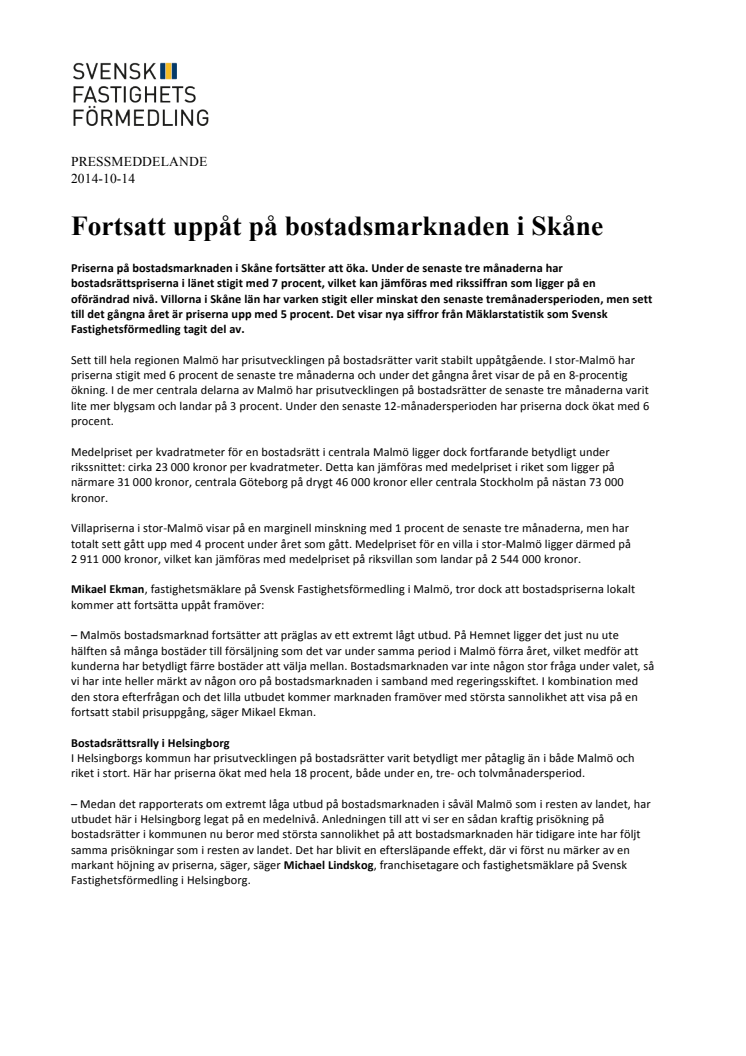 Fortsatt uppåt på bostadsmarknaden i Skåne 