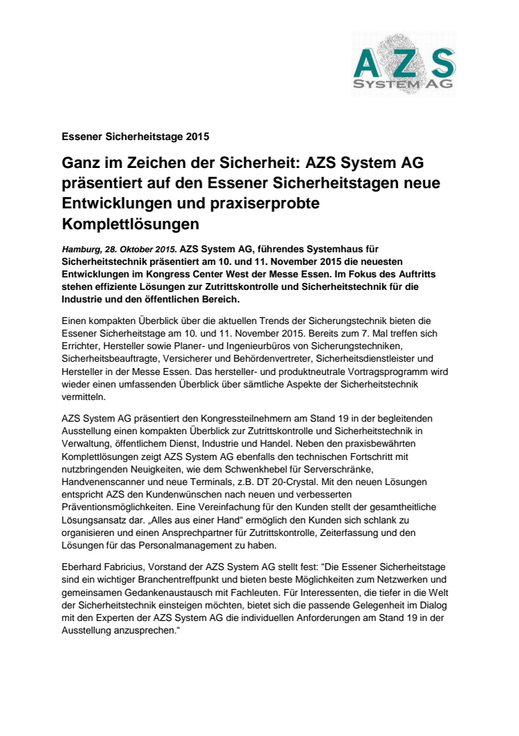 Ganz im Zeichen der Sicherheit: AZS System AG präsentiert auf den Essener Sicherheitstagen neue Entwicklungen und praxiserprobte Komplettlösungen 